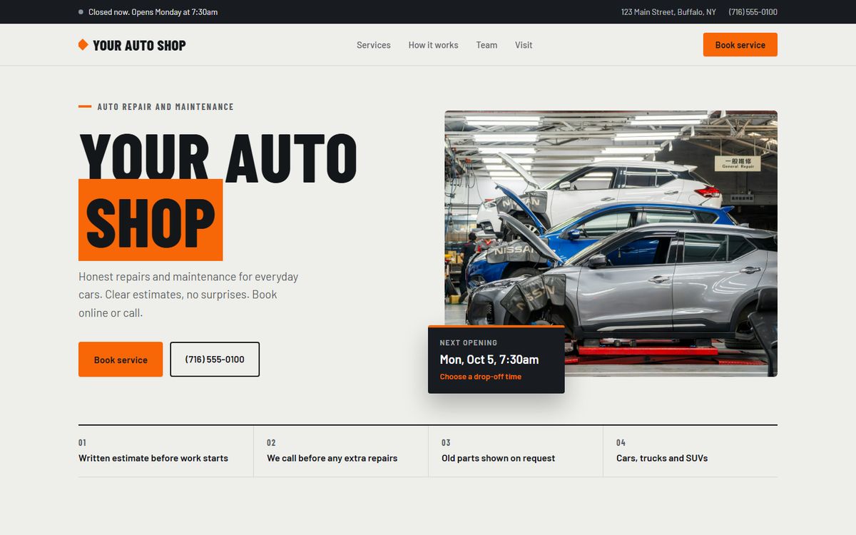 Sample auto repair shop website design with a service menu and a Book service button