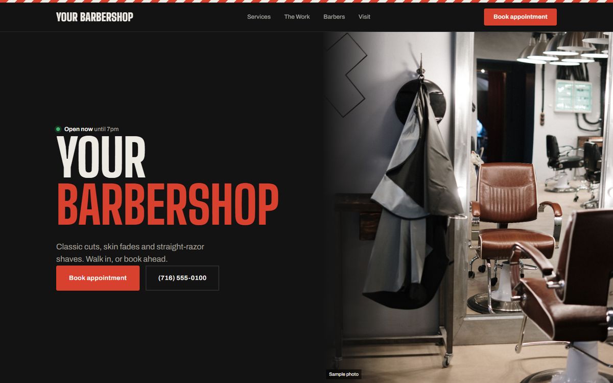 Sample barbershop website design with a dark theme and a Book appointment button